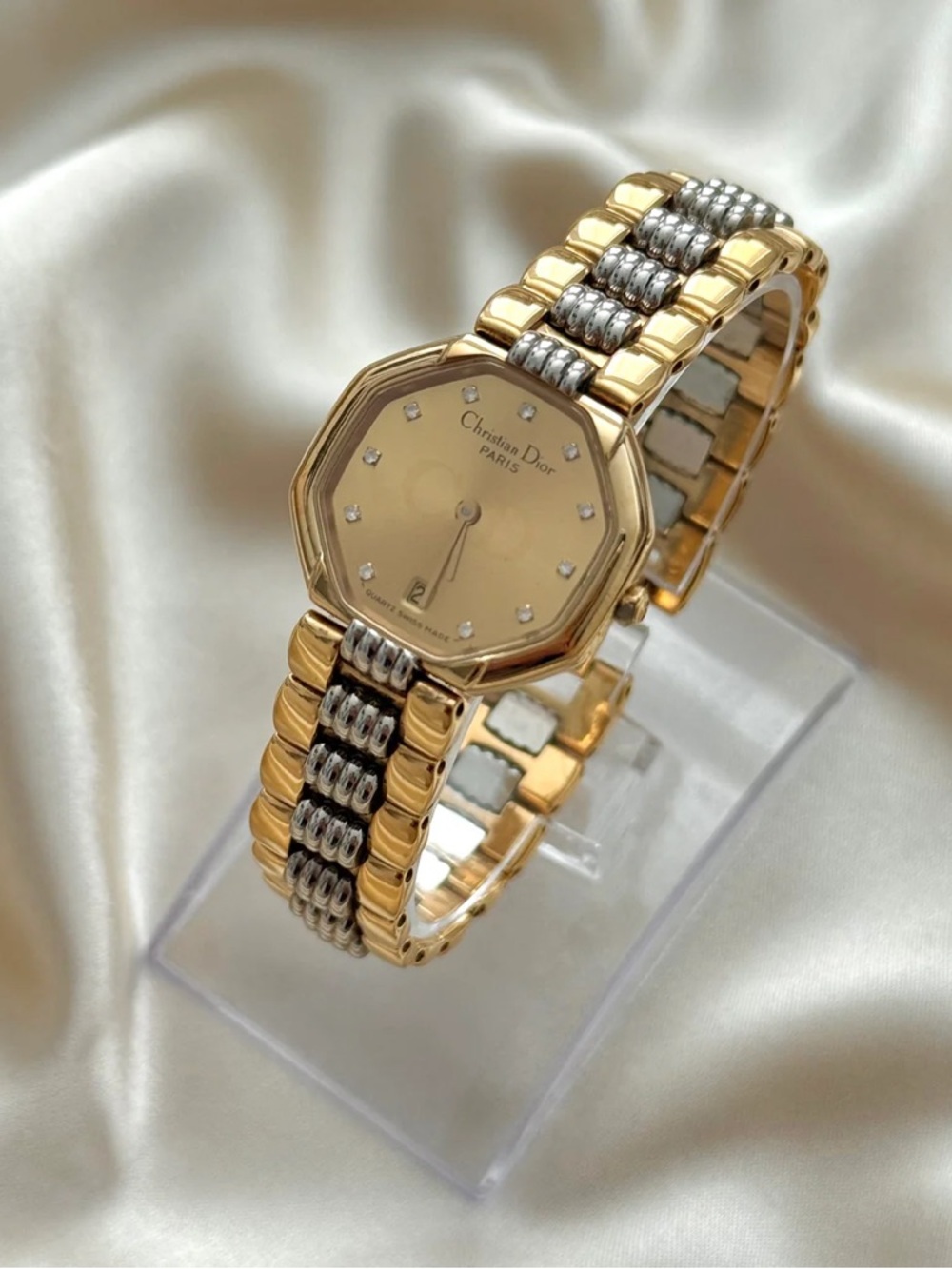 AUTHENTIC VINTAGE DIOR TWO-TONED WATCH - DIAMOND HOUR MARKERS - Picture 3 of 7